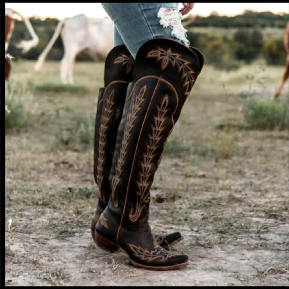 Over the Knee Cowboy Boots Chunky Heel Western Embroidery Side Zipper